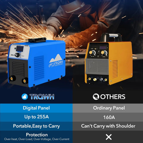 Dual Voltage 110V/220V MMA Welder With IGBT Inverter compared to standard model, showcasing digital panel and portability features.