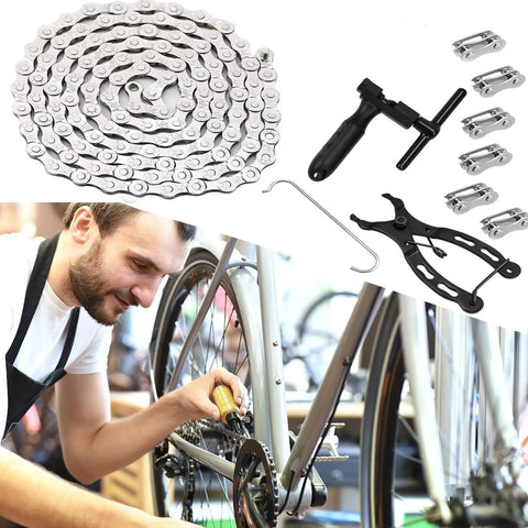 Bike Chain Repair Kit For 6/7/8 Speed Bikes With Chain Breaker And Link Pliers in use on a road bike, includes chain and buckles
