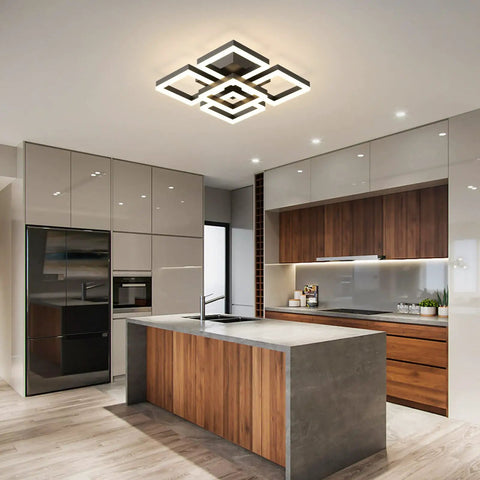 64W Dimmable Black 5 Square LED Ceiling Light With Remote Control Flush Mount Chandelier in modern kitchen, view from below.