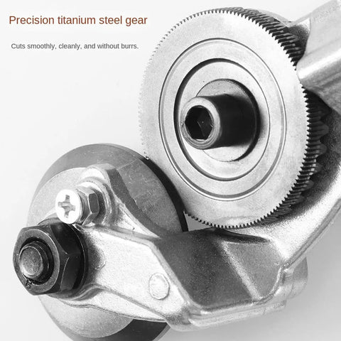 Close-up of precision titanium steel gear on Upgraded Nibbler Metal Cutter Drill Attachment for smooth sheet metal cutting.