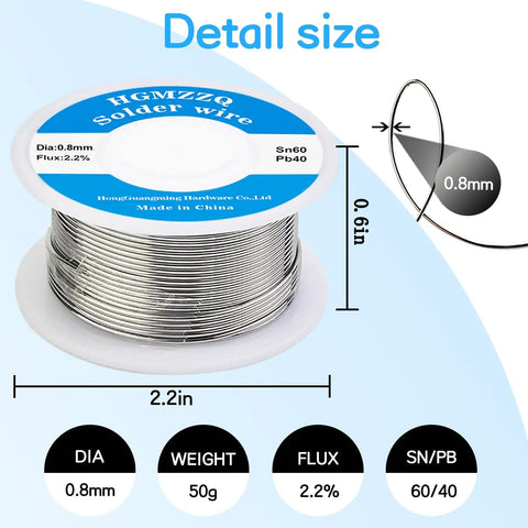 60/40 Tin Lead Solder Wire With Rosin Core For Electrical Soldering, 0.031 Inch (0.8mm) Diameter, detail size diagram