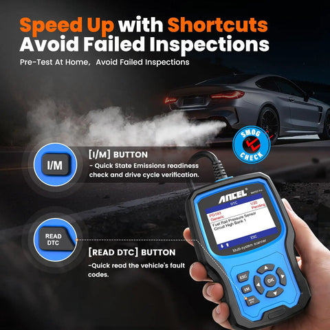 BM700 Pro BMW Scanner With Auto VIN And Battery Registration Tool showing I/M and READ DTC buttons with a car in the background.