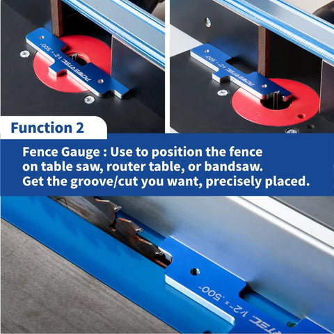 7-Piece Router Setup Blocks Set With Depth Gauge showing fence gauge on table saw for precise woodworking.
