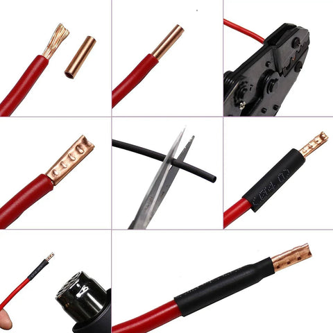970Pcs Wire Ferrules Kit With Tinned Copper Crimp Connectors Non Insulated Cable End Terminals Assortment For Electrical Wiring Includes 48Pcs Heat Shrink Tubing No Fray Easy Crimp in use with close-up of wires, cutters, and crimp tool.