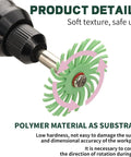 76 Piece Pro Grade Mini Bristle Disc Kit soft texture detail, rotary tool attachment with polymer material, directional arrows