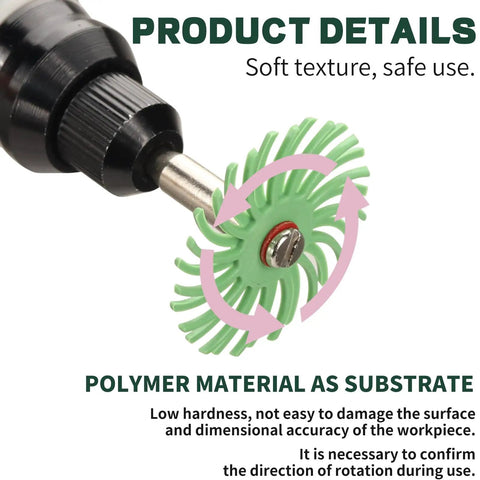 76 Piece Pro Grade Mini Bristle Disc Kit soft texture detail, rotary tool attachment with polymer material, directional arrows