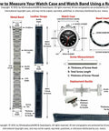 Diagram of how to measure watch case and bands, including metal links, leather straps and deployment buckle with focus on dimensions.