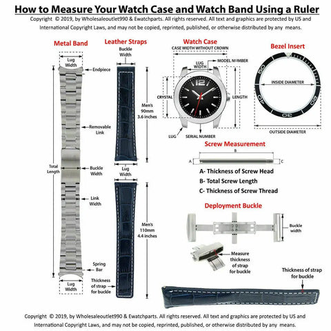 Diagram of how to measure watch case and bands, including metal links, leather straps and deployment buckle with focus on dimensions.