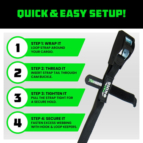 Quick setup steps for Beefy Heavy Duty Lashing Straps 1 Inch By 12 Foot Cam Buckle Tie Downs, 1320Lb Break Strength, 4 Pack