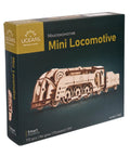 Mini Locomotive 3D Puzzle For Adults Hands On Wooden Train Model Kit Rubber Band Powered Mechanical Puzzle With 172 Pieces Easy DIY Craft Project For Home Workshop And Train Enthusiasts Pure Fun, box front view