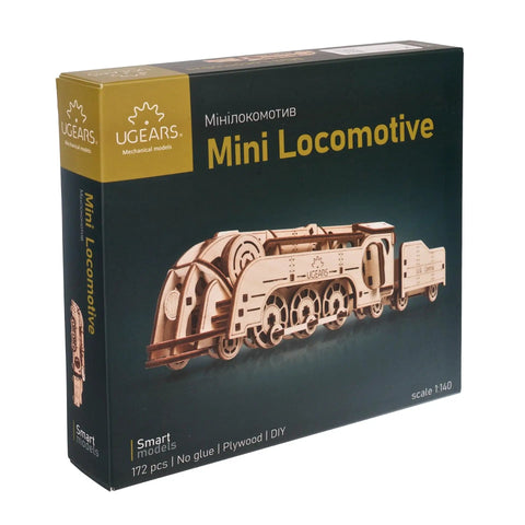 Mini Locomotive 3D Puzzle For Adults Hands On Wooden Train Model Kit Rubber Band Powered Mechanical Puzzle With 172 Pieces Easy DIY Craft Project For Home Workshop And Train Enthusiasts Pure Fun, box front view
