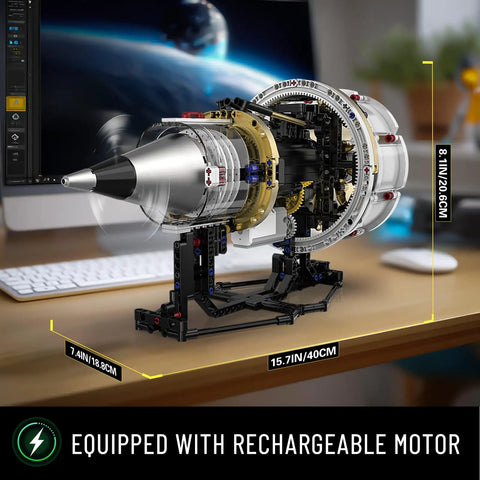 Aircraft Turbojet Engine Building Kit For Grownups displayed on desk showing dimensions and motor