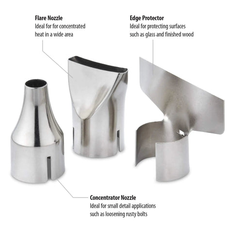 Three metal nozzles for Dual Temp Heat Gun Kit With 750 Degrees F And 1000 Degrees F; Flare, Concentrator, and Edge Protector shown.