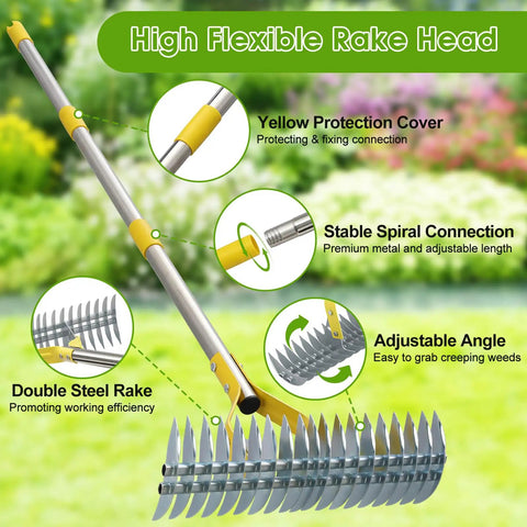 55 Inch Long Stainless Steel 2 In 1 Thatch Rake For Lawn With Sharp Dethatching Blade And Manual Scarifier Tool showing flexible head and features