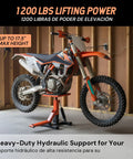 Heavy-Duty Dirt Bike Stand With 1200 Lbs Hydraulic Lift, Safety Lock, And Foot Pedal Operation for easy maintenance and repair