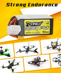 4S LiPo Battery 650mAh 14.8V 95C with XT30 plug for FPV drones and multi rotor rigs, background with drone images