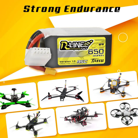 4S LiPo Battery 650mAh 14.8V 95C with XT30 plug for FPV drones and multi rotor rigs, background with drone images