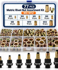 77 Piece Rivet Nut Kit With Carbon Steel Head Tool Set Includes M3 To M12 Mandrel Heads And 70 Threaded Rivet Nuts For Fast Installation And Easy, Reliable, Heavy Duty Pro Grade Repairs On Metal Panels, case with M3-M12 nuts