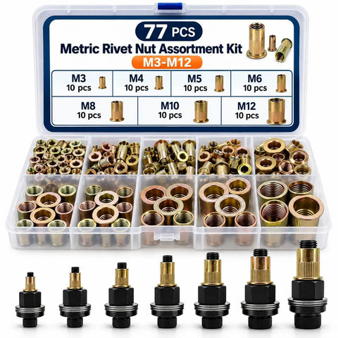 77 Piece Rivet Nut Kit With Carbon Steel Head Tool Set Includes M3 To M12 Mandrel Heads And 70 Threaded Rivet Nuts For Fast Installation And Easy, Reliable, Heavy Duty Pro Grade Repairs On Metal Panels, case with M3-M12 nuts