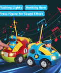 Two Pack Cartoon RC Cars For Toddlers With Steering Wheel Controllers Lights And Sounds Police Car And Race Car Dual Frequencies