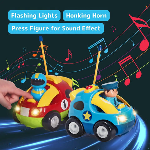 Two Pack Cartoon RC Cars For Toddlers With Steering Wheel Controllers Lights And Sounds Police Car And Race Car Dual Frequencies