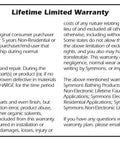 Symmons lifetime limited warranty details with installation recommendations and coverage information in text format.