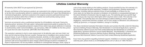 Symmons lifetime limited warranty details with installation recommendations and coverage information in text format.