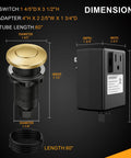 Universal Garbage Disposal Air Switch Kit With Sink Top Push Button No-Brainer Upgrade, UL Certified, with dimensions.