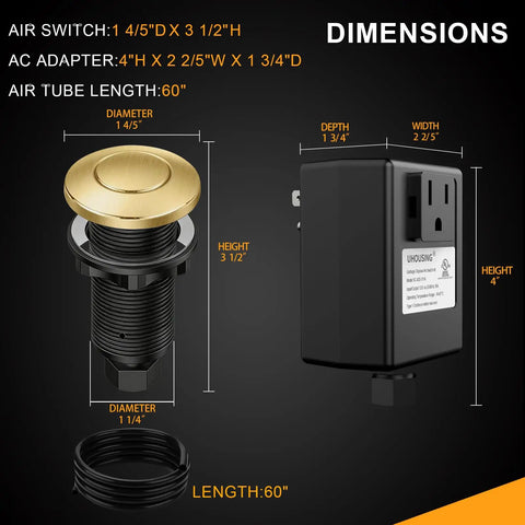 Universal Garbage Disposal Air Switch Kit With Sink Top Push Button No-Brainer Upgrade, UL Certified, with dimensions.