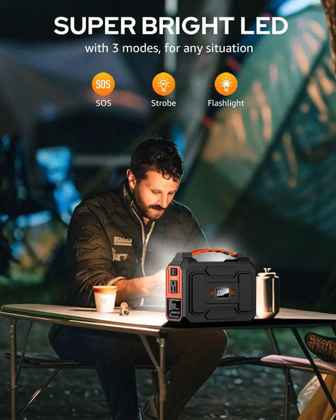 Man using Solar Powered Portable Generator Kit With 200W Peak Output And 100W Rated, 146Wh Battery, 110V AC Outlet, Includes 40W Solar Panel at a camping table with LED light modes displayed.
