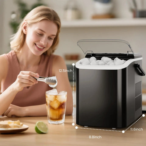 Countertop Ice Maker With Sturdy Carry Handle, Portable Ice Machine Freezing Bullet Ice Cubes In Rapid Six Minutes, Delivers Twenty Six Pounds Daily, Lowkey Essential Home And Tailgate Chiller In Jet Black, with user serving drinks.
