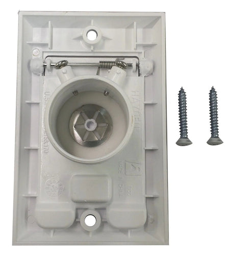 Front view of white square central vacuum inlet wall plate with round receptacle and mounting screws.