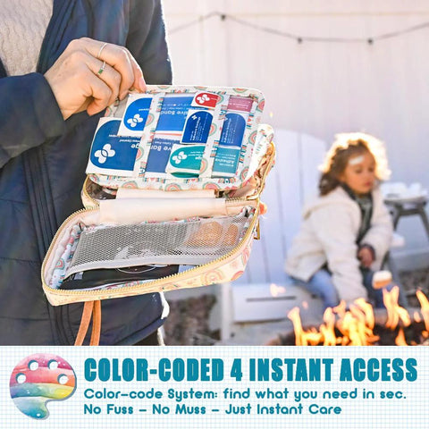 Front view of rainbow EVERLIT Care Rescue Pack first aid kit opened to reveal blue medical supplies in a compact travel case