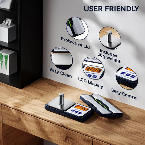 Pocket Gram Scale 200G 0.01G Precision With 6 Units G/Oz/Ozt/Dwt/Ct/Gn, Tare Function, LCD Display on wooden desk