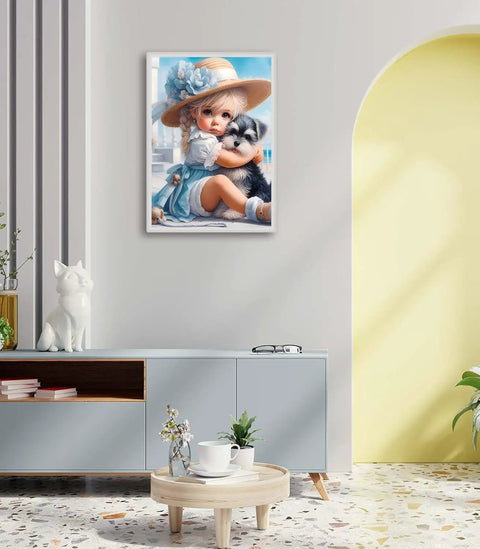 Girl And Dog Diamond Painting Kit For Adults Beginners Seaside 5D Diamond Art Set framed on wall in modern living area.