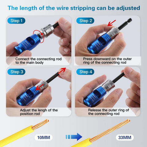 Step-by-step guide showing how to adjust wire stripping length on Heavy Hitting Drill Mounted Wire Stripper And Twister Kit.
