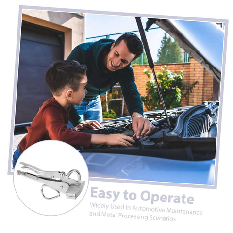 Father and son working on car engine, with inset of Heavy Duty Auto Body Sheet Metal Clamp Pliers With Wide Duckbill Jaw for welding.