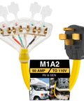 50 Amp To 20 Amp RV Power Adapter NEMA 14 50P To Four 5 20R Receptacles One And A Half Foot Cord with visible wiring and plug.