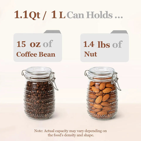 Glass Canister Set 34 Oz Each, 3 Pack Clear Jars For Coffee Bar Countertop, embossed polka dot jars filled with coffee and nuts.