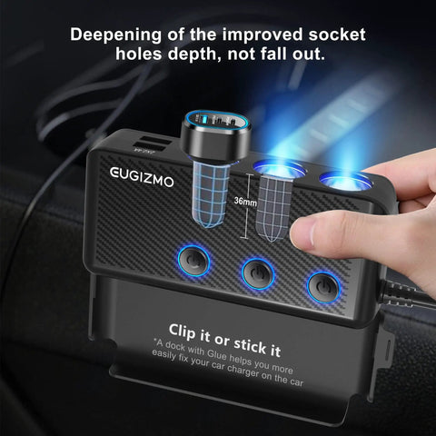 Plug Straight Into Your Whip With This Eight In One Cigarette Lighter Adapter Packing Triple Sockets, USB ports and socket improvement detail.