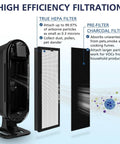 Diagram of HEPA Replacement Filter For 8000 Elite Pro Series Air Purifier with 2 HEPA filters and carbon pre-filters showing filtration efficiency.