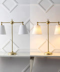 Gold 31 Inch Two Light Contemporary Farmhouse Iron Table Lamp With Adjustable Arm And White Linen Shades, LED Bulbs Included