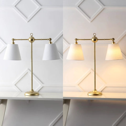 Gold 31 Inch Two Light Contemporary Farmhouse Iron Table Lamp With Adjustable Arm And White Linen Shades, LED Bulbs Included