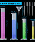 16 Piece Plastic Chemistry Lab Kit With Graduated Cylinders And Beakers, Pipettes, Funnel And Brush For DIY Hands On Home Science Projects And Classroom Experiments, showcasing various tool sizes and dimensions.