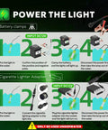 Diagram showing setup of Underwater Green Light For Night Fishing And Fish Attracting 12V Submersible 100W light with battery clips and adapter.