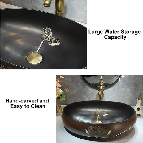 Oval Ceramic Vessel Sink for Bathroom Vanity, Retro Art Countertop Sink Bowl with Faucet, Small with floral design and large water capacity.