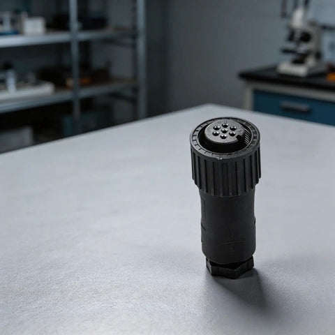 All Plastic 7 Pin Proportional Valve Connectors Featuring Rock Solid Female Plugs For Hydraulic Solenoid Connections And Industrial Machinery Built Super Tough on a work surface.