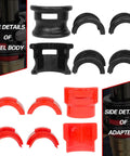Universal Motorcycle Fork Seal Driver Kit with twelve plastic fork seal drivers and two steel bodies, 35-50 mm, red, side details.