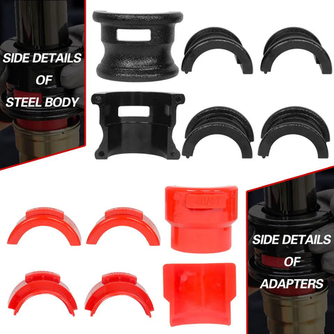 Universal Motorcycle Fork Seal Driver Kit with twelve plastic fork seal drivers and two steel bodies, 35-50 mm, red, side details.