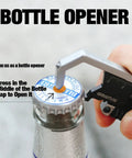 9 In 1 Pocket Multitool Wrench For Screws With Mini Pry Bar Nail Puller, Caliper Ruler, Bottle Opener, Glass Breaker, Keychain Tool And EDC Gadget For Men Hiking And Cycling being used to open a bottle cap.